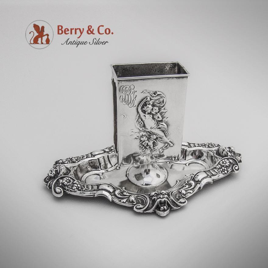 Ornate Fairy Cherub Devil Embossed Match Holder Sterling Silver William Kerr 1900