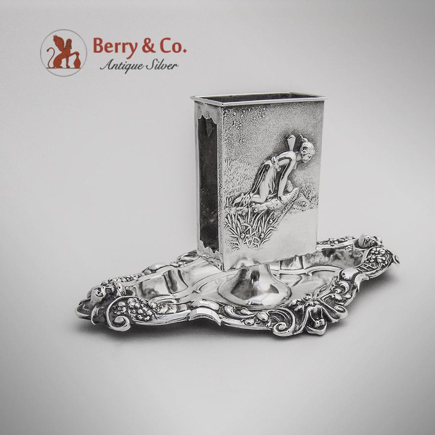 Ornate Fairy Cherub Devil Embossed Match Holder Sterling Silver William Kerr 1900