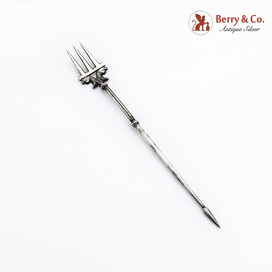 Intricate Figural Olive Fork Spear End Italian 800 Standard Silver 1900