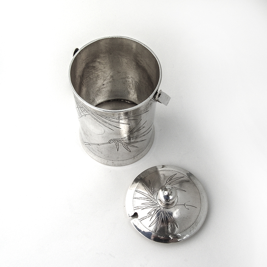 Antique Chinese Export Silver Bucket Form Jar Bamboo 1900-1930 Siu Kee Hong Kong