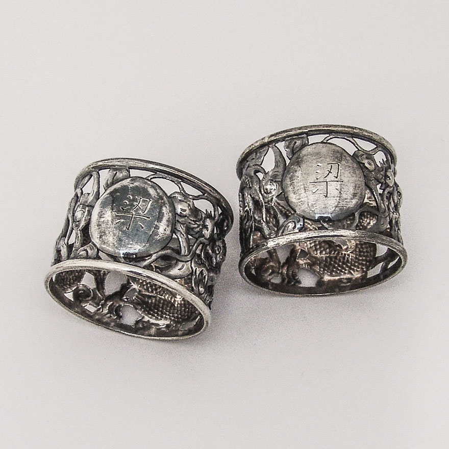 Napkin Rings Dragons and Open Work Decorations Chinese Export Silver 1890-1910