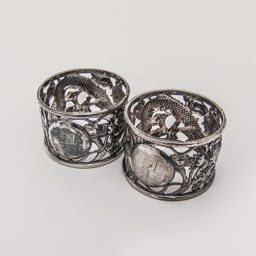 Napkin Rings Dragons and Open Work Decorations Chinese Export Silver 1890-1910