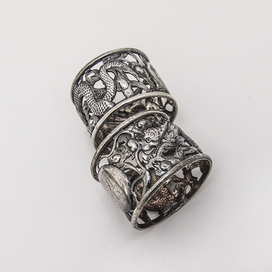 Napkin Rings Dragons and Open Work Decorations Chinese Export Silver 1890-1910