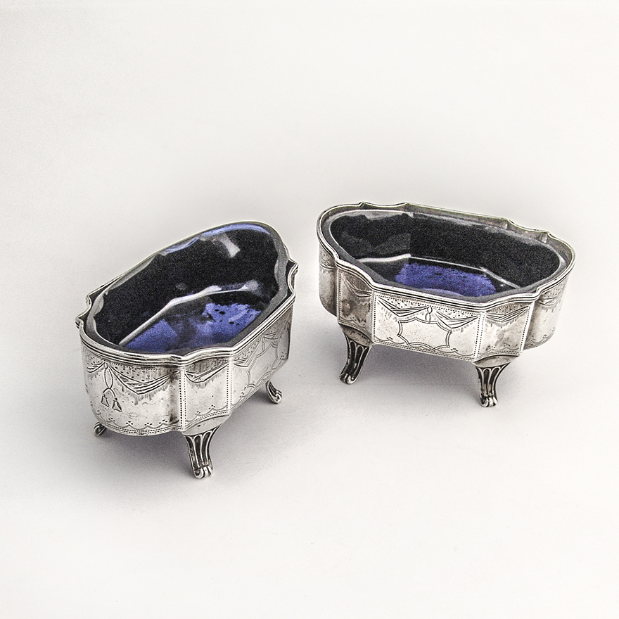 Georgian Open Salts Pair Glass Liners Solomon Hougham Sterling