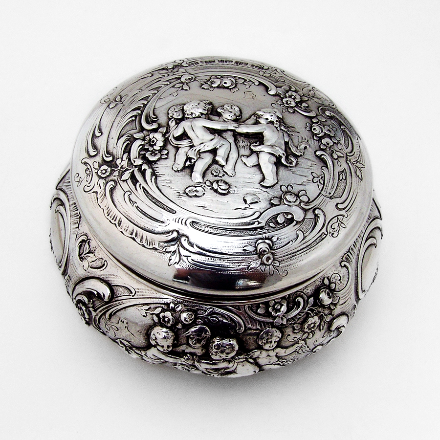 Large Round Dresser Box German Sterling Silver 1890