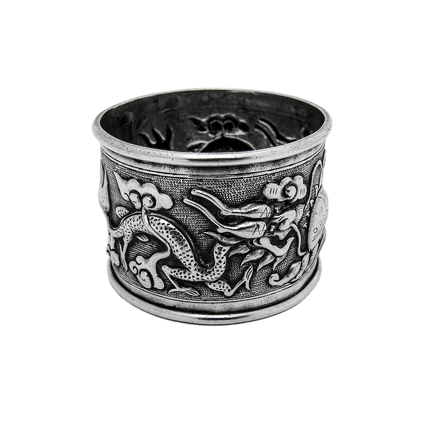 Repousse Dragon Napkin Ring Chinese Export Silver 1920