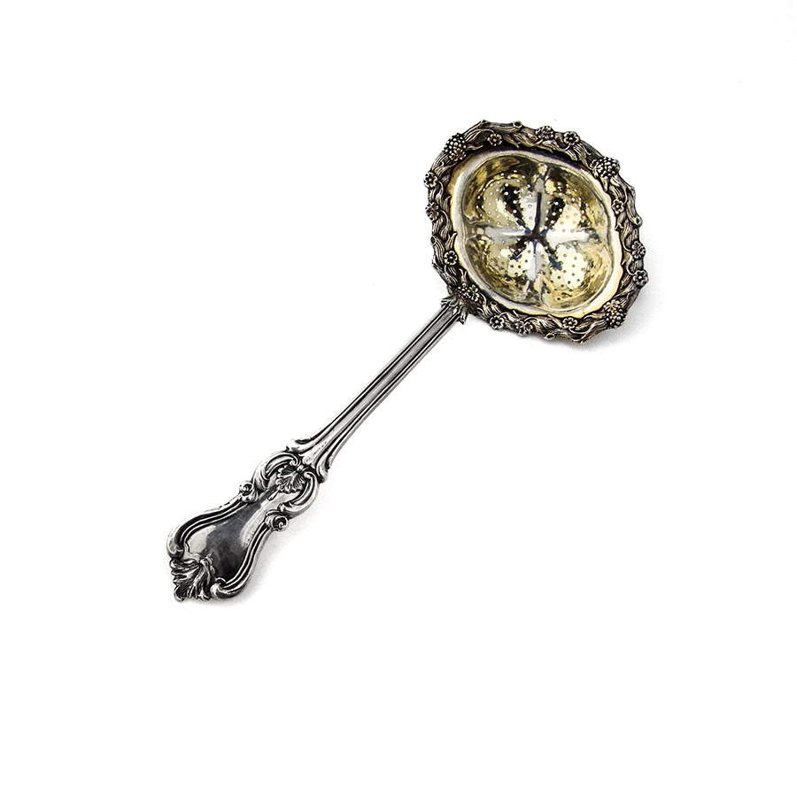 Russian 84 Silver Tea Strainer Floral Berry Rim Gilt Interior 1852