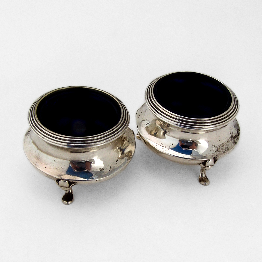English Footed Open Salts Pair Glass Liners Sterling Silver 1910
