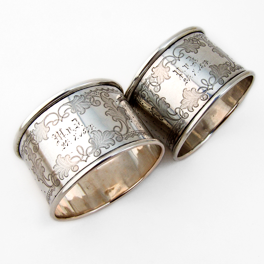 Engraved Napkin Rings Pair German 800 Silver 1874 Mono