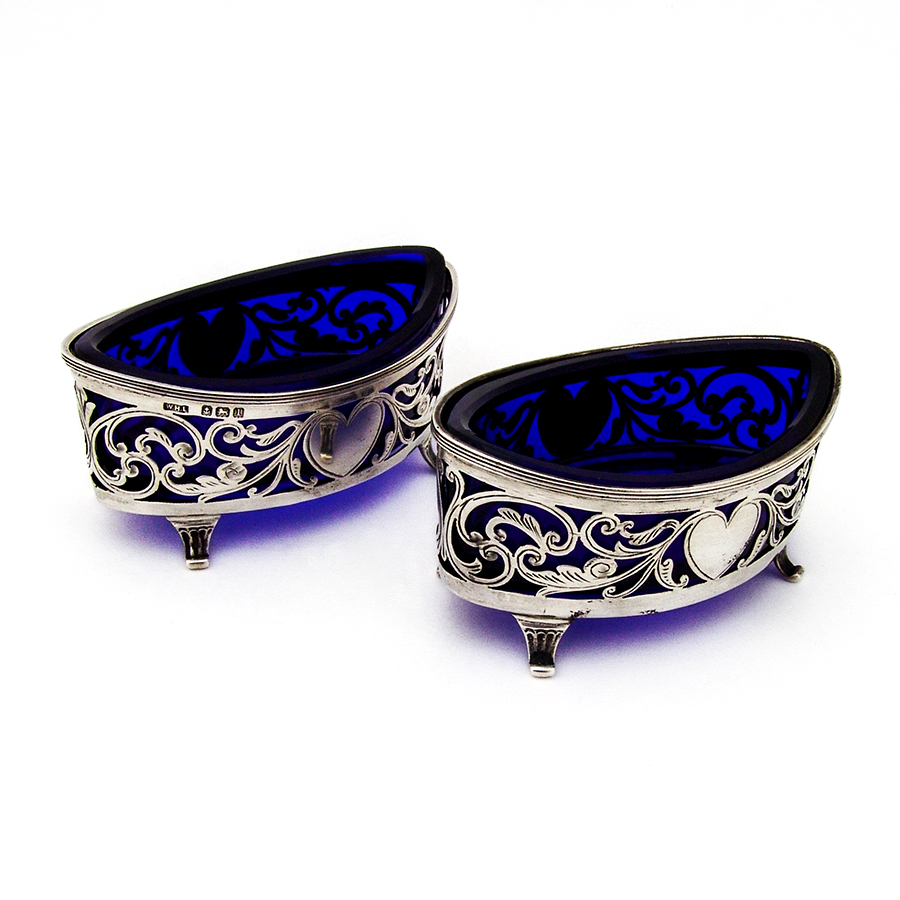 Cutwork Heart Scroll Open Salts Pair Cobalt Glass Sterling 1910 Birmingham