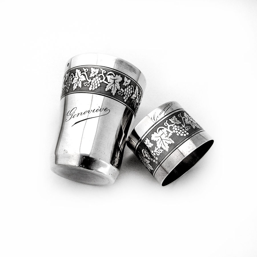 French Engine Turned Grape Beaker Napkin Ring Set Sterling Silver