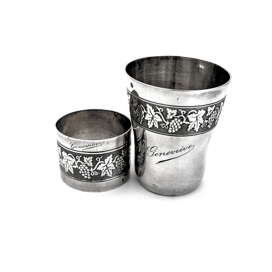 French Engine Turned Grape Beaker Napkin Ring Set Sterling Silver