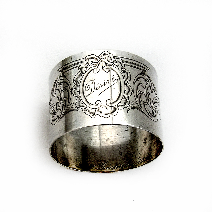 French Engraved Scroll Foliate Napkin Ring Sterling Silver 1900
