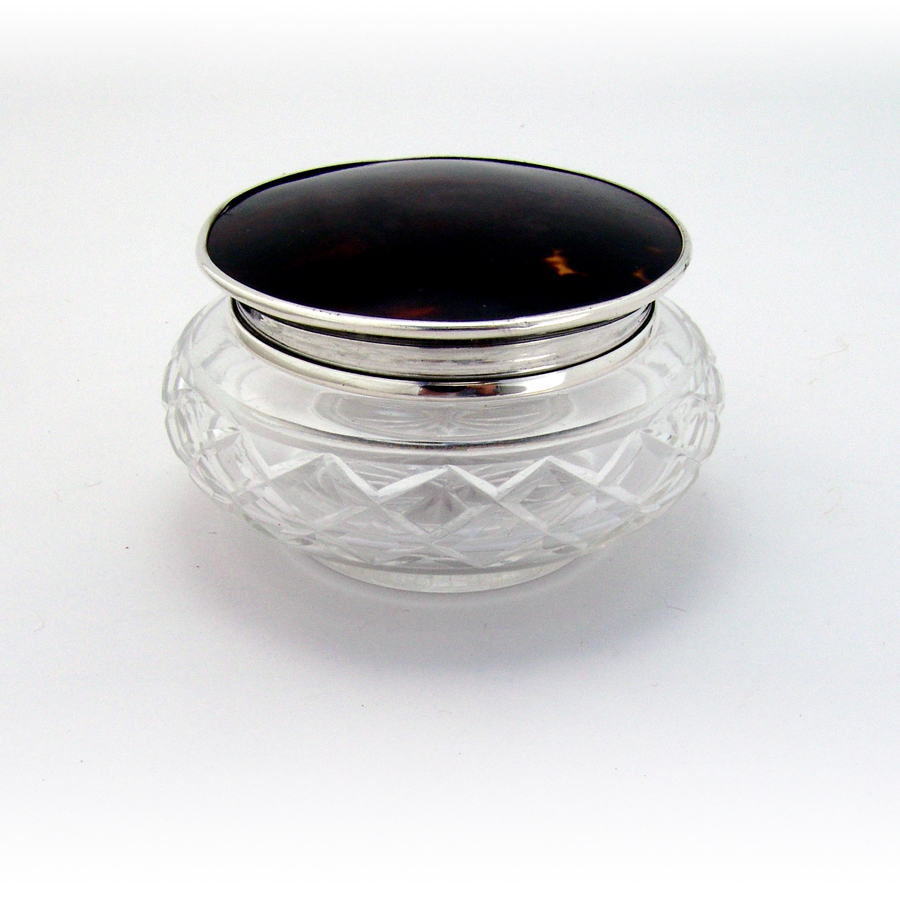 English Cut Crystal Dresser Jar Synthetic Inset Sterling Silver 1931
