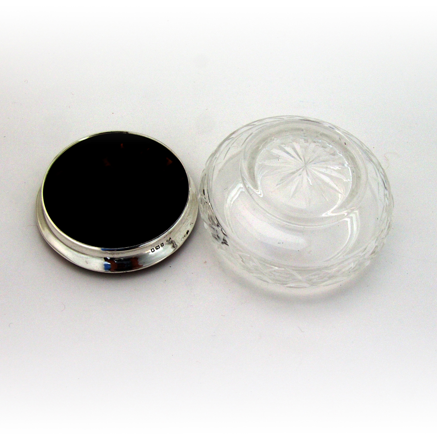 English Cut Crystal Dresser Jar Synthetic Inset Sterling Silver 1931