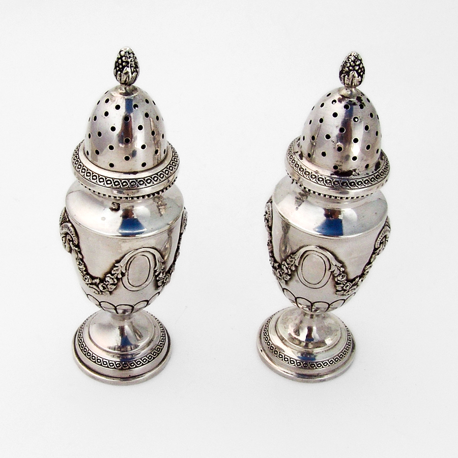 French Floral Ram Head Salt Pepper Shakers Set Sterling Silver 1900