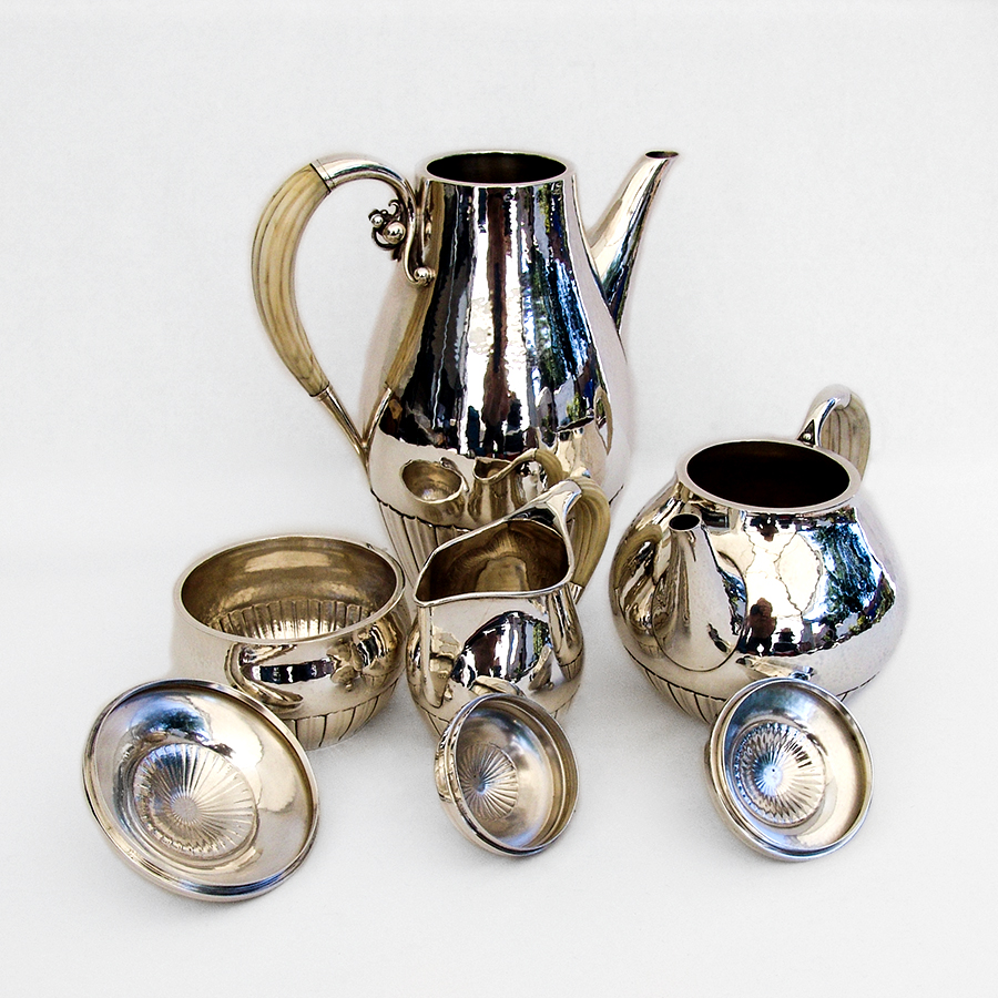 Georg Jensen Cosmos 4 Piece Tea Coffee Set Sterling Silver 1930 Denmark