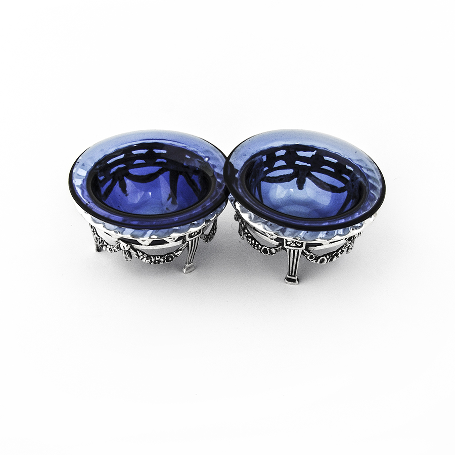 Hanau Open Salts Pair Cobalt Glass Liners 800 Silver 1910s