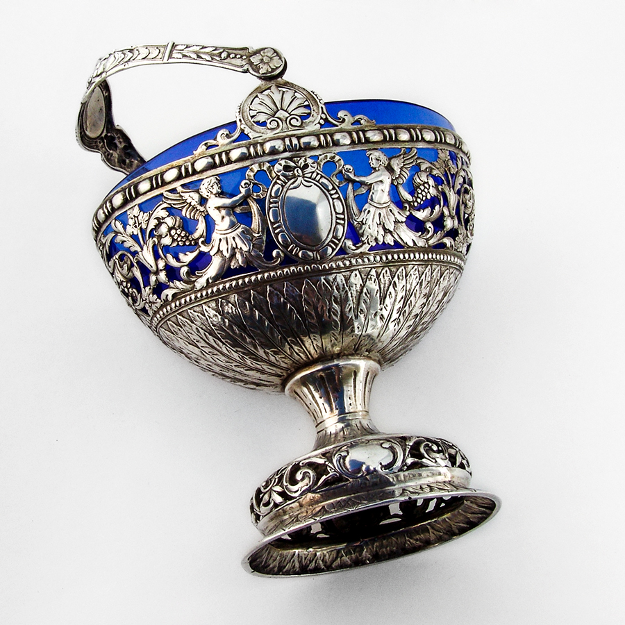 German Ornate Cutwork Sugar Basket Cobalt Liner 800 Silver 1860