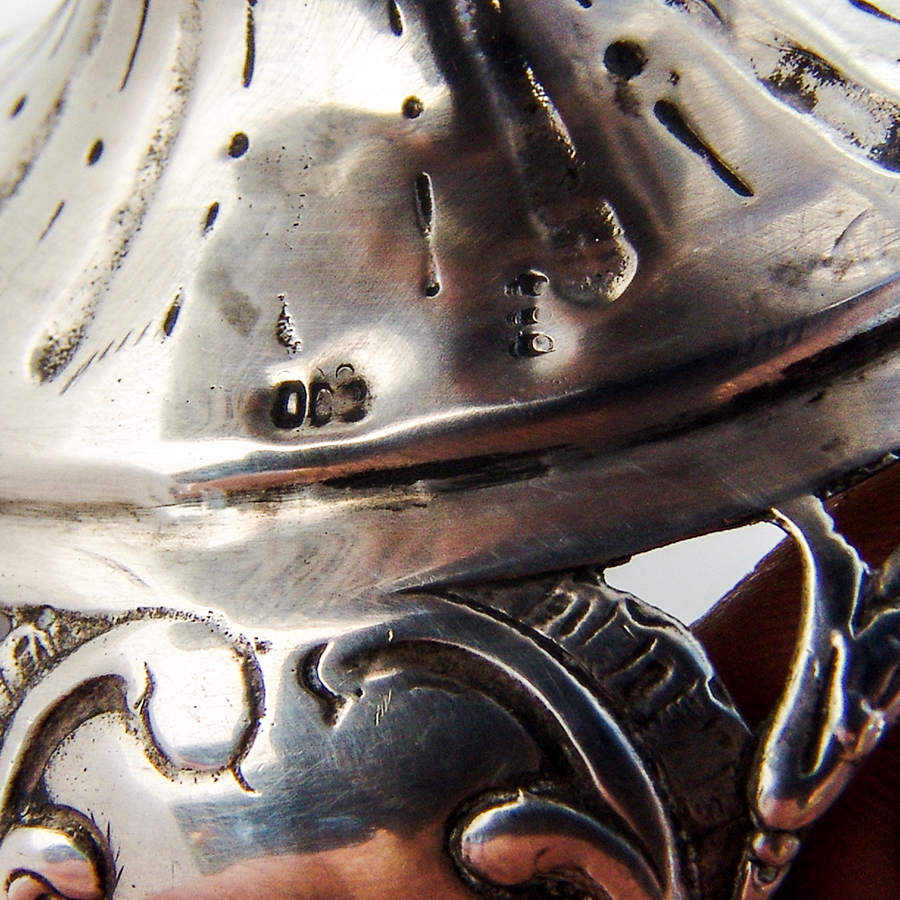 German Ornate Cutwork Sugar Basket Cobalt Liner 800 Silver 1860