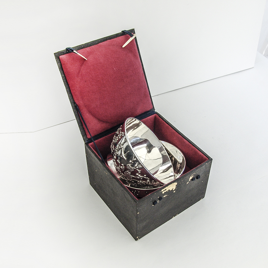 Cherry Blossom Bird Bowls Pair Chinese Export Sterling Silver 1900