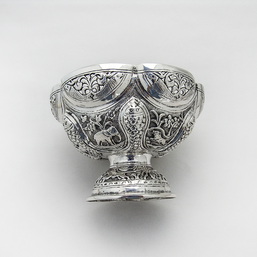 Colonial Indian Silver Ornate Footed Bowl Openwork Rim 1910