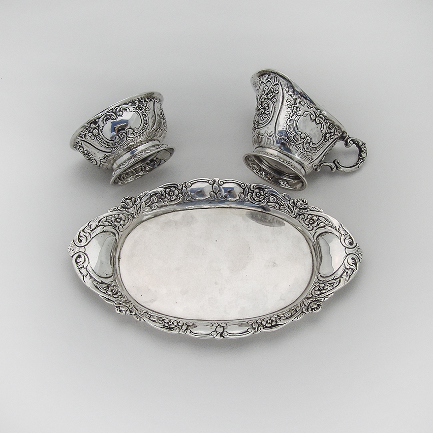 German Floral Creamer Sugar Bowl Tray Set 800 Silver 1890