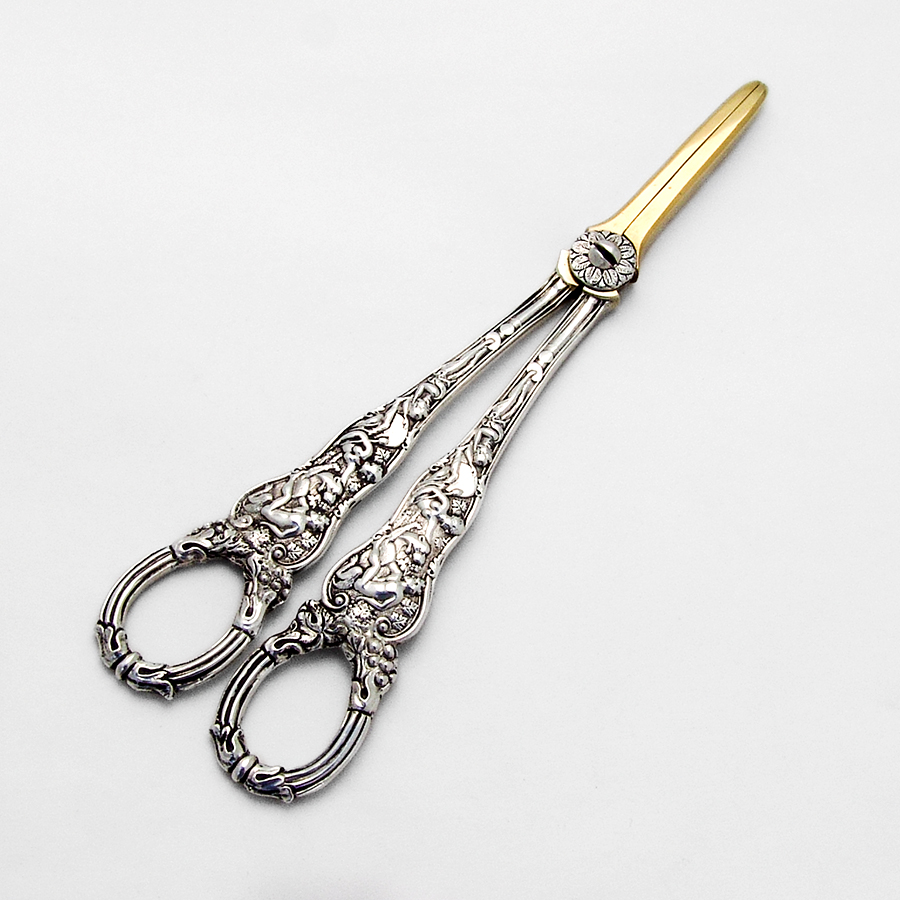 Victorian Ornate Grape Shears Gilt Blades Sterling Silver 1890