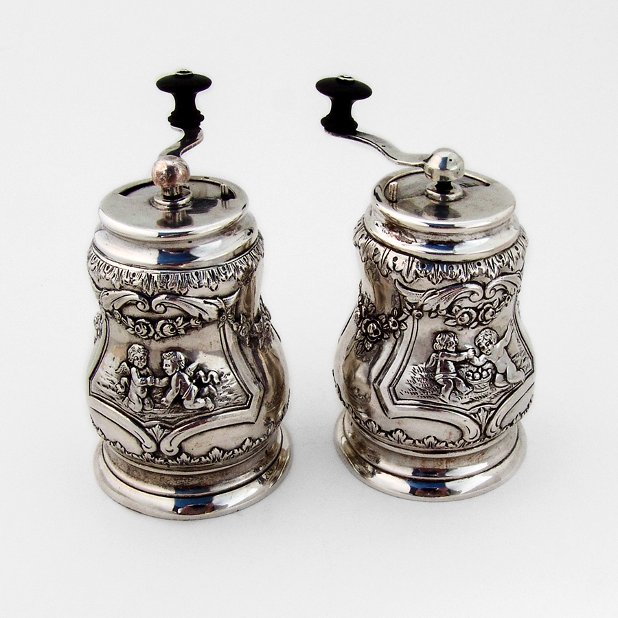 Hanau Ornate Cherub Pepper Grinders Pair Johann Kurz Sterling Silver
