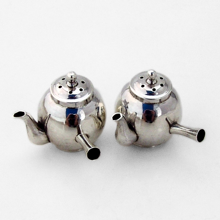 Japanese Teapot Form Salt Pepper Shakers Pair Sterling Silver 1950