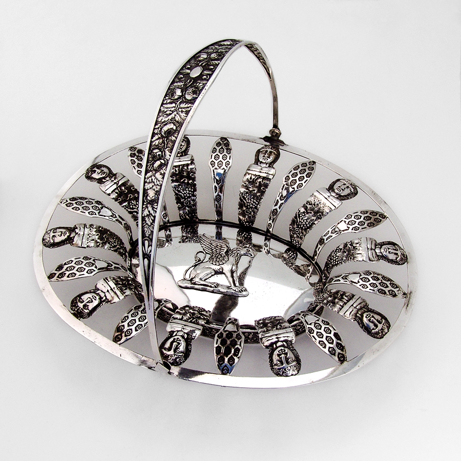 German Egyptian Motif Swing Handle Basket Gerike 12 Loth Silver 1820