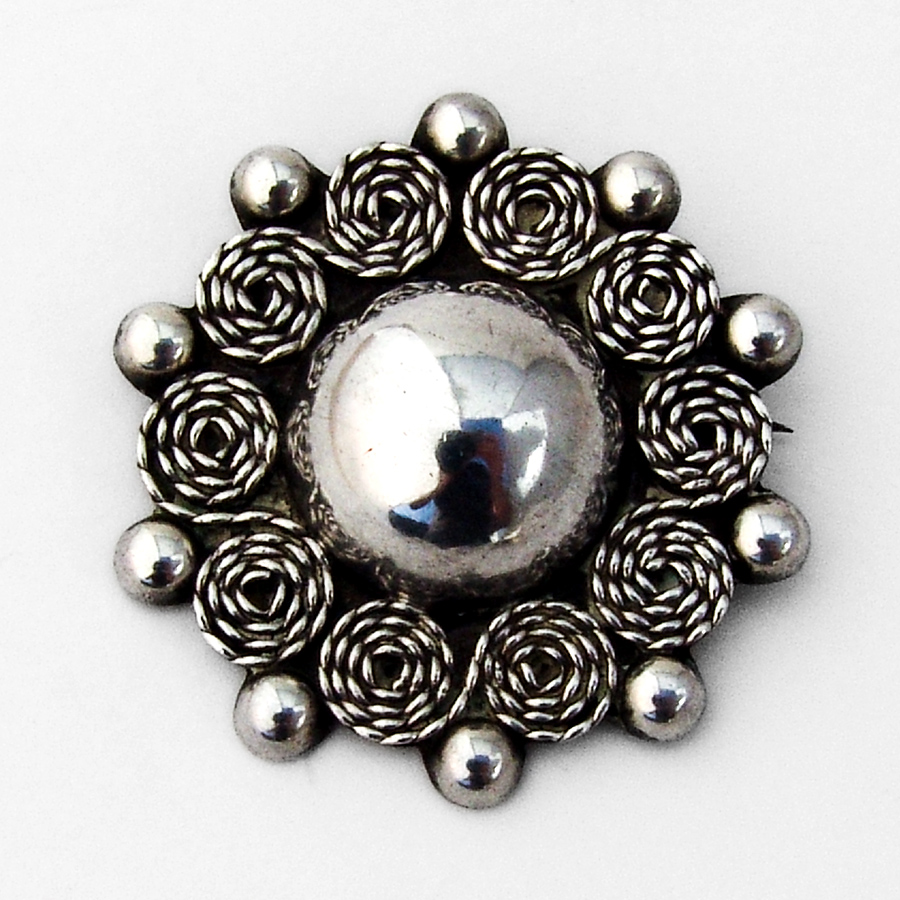 Mexican Round Beaded Ornate Broosh Sterling Silver 1920