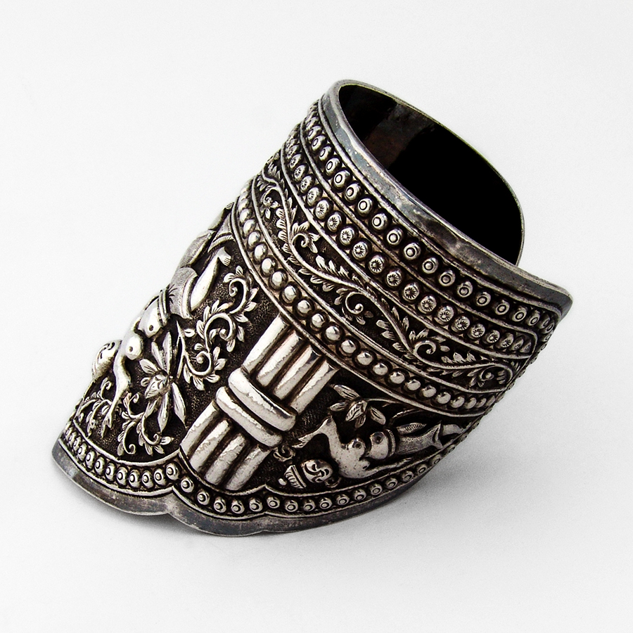 Large Ornate Topless Women Bangle Bracelet Chinese Silver