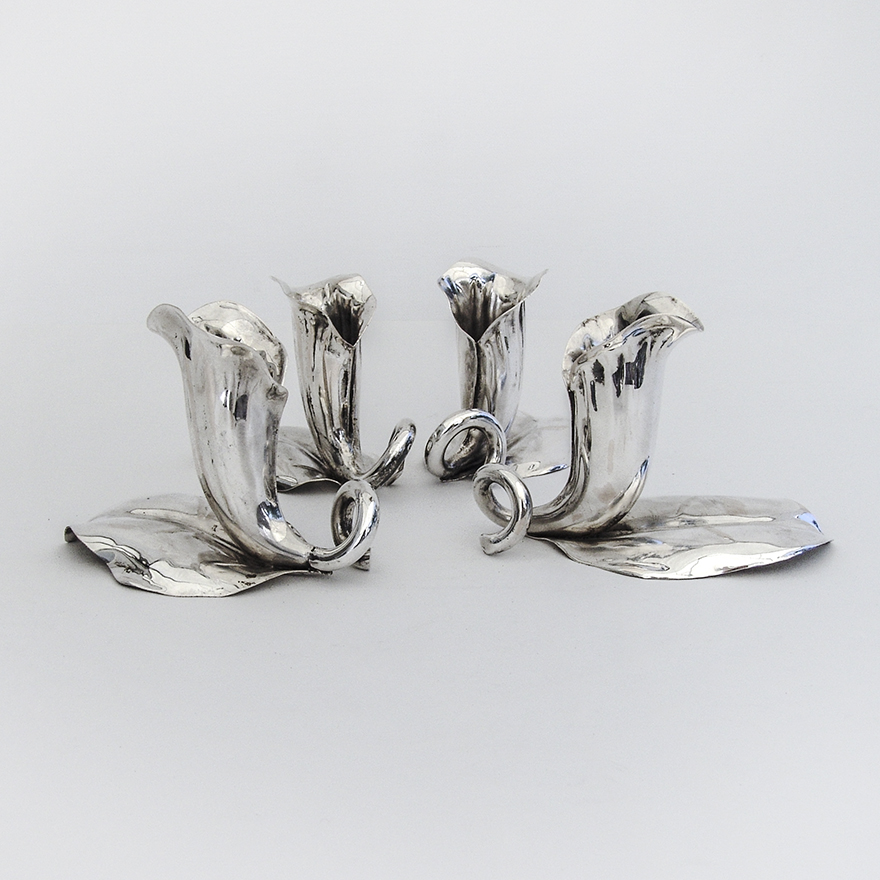 Italian Figural Leaf Blossom Candlesticks Bud Vases Set 800 Silver 1950