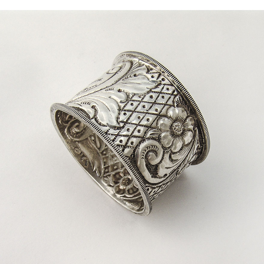 English Floral Foliate Napkin Ring Francis Webb Sterling Silver 1898