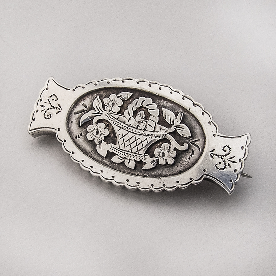 English Floral Basket Brooch Arthur Johnson Smith Sterling Silver