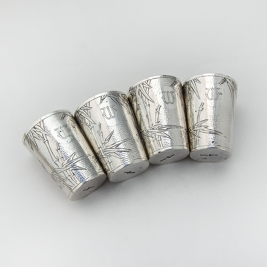Bamboo Hammered Shots Set Chinese Export Sterling Silver Siu Kee