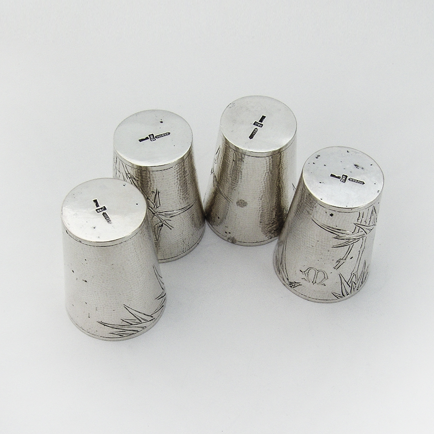 Bamboo Hammered Shots Set Chinese Export Sterling Silver Siu Kee