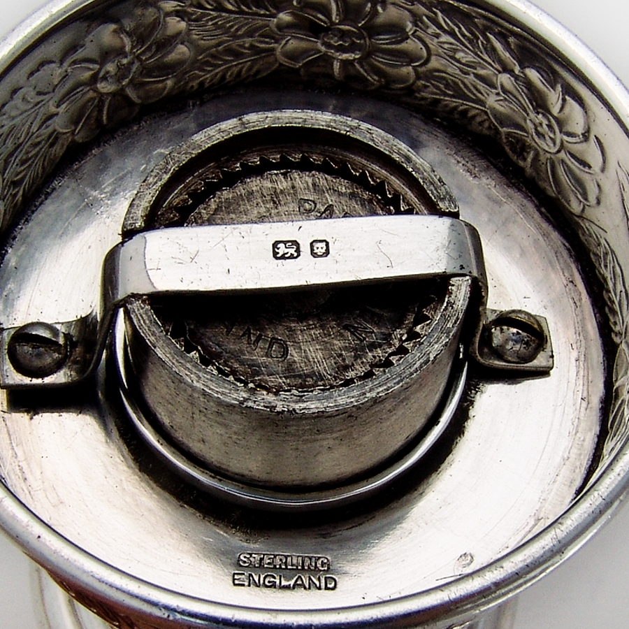 English Ornate Pepper Grinder Floral Base Sterling Silver 1947