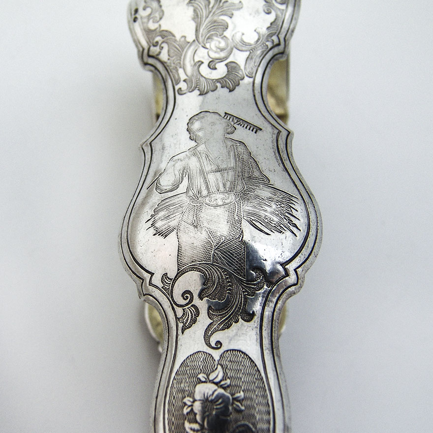 German Figural Engraved Huge Sugar Tongs 13 Loth Silver 1820