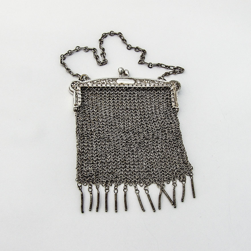 Chinese Export Silver Floral Mesh Chain Purse Leeching 1855