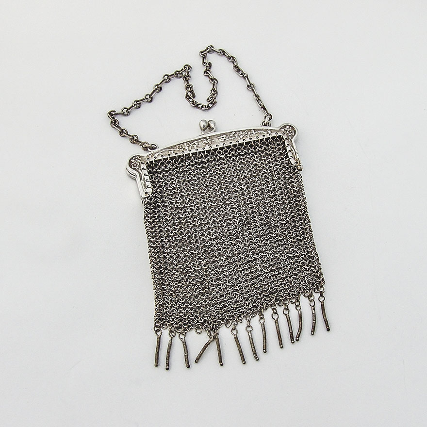 Chinese Export Silver Floral Mesh Chain Purse Leeching 1855