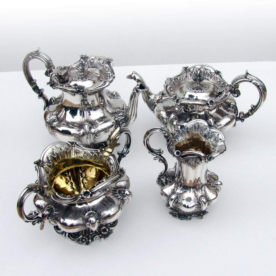 English Ornate Floral 4 Piece Tea Coffee Set Sterling Silver 1832 London