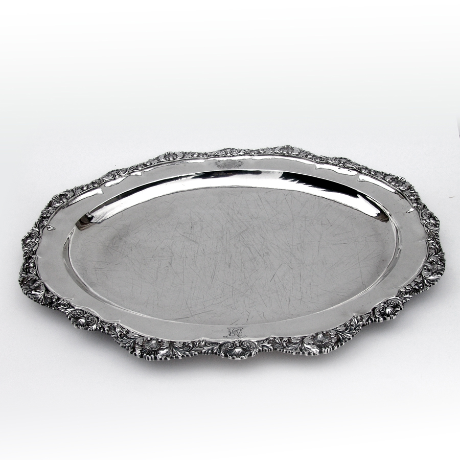English Oval Platter Foliate Shell Border Joseph Angell Sterling Silver 1828
