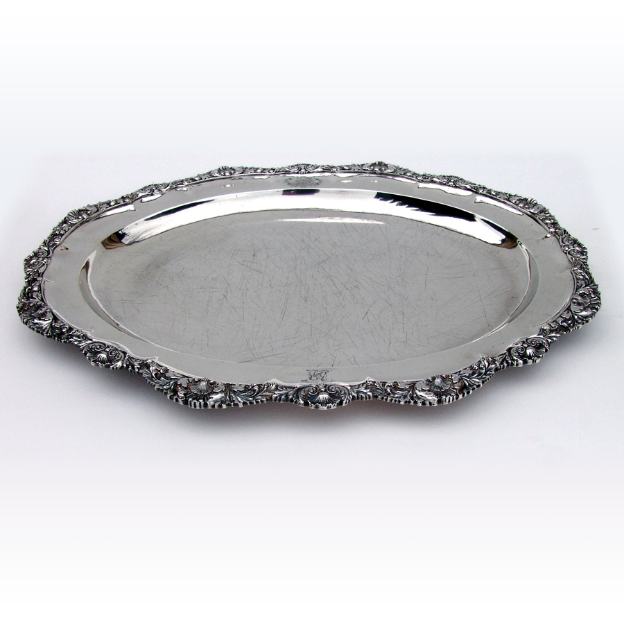 English Oval Platter Foliate Shell Border Joseph Angell Sterling Silver 1828