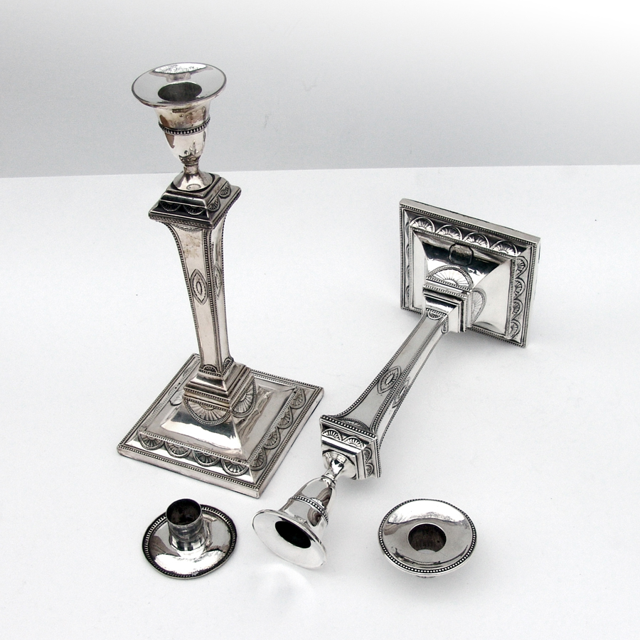 English Sheraton Candlesticks Pair Thomas Daniell Sterling Silver 1785 Crest