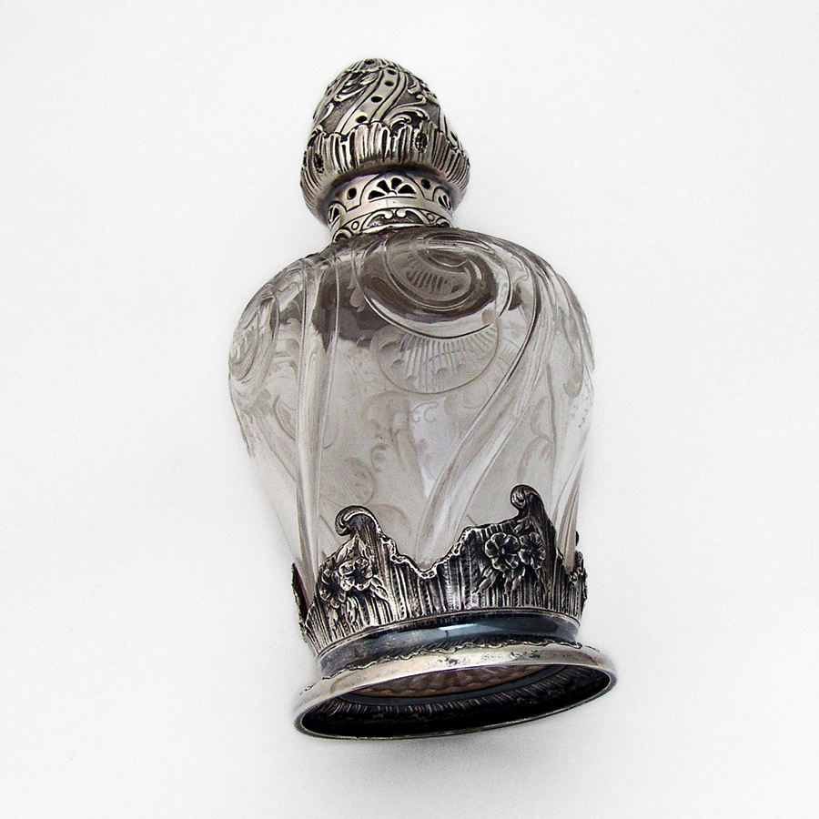 French Scroll Shell Sugar Shaker Cut Glass 950 Sterling Silver 1890