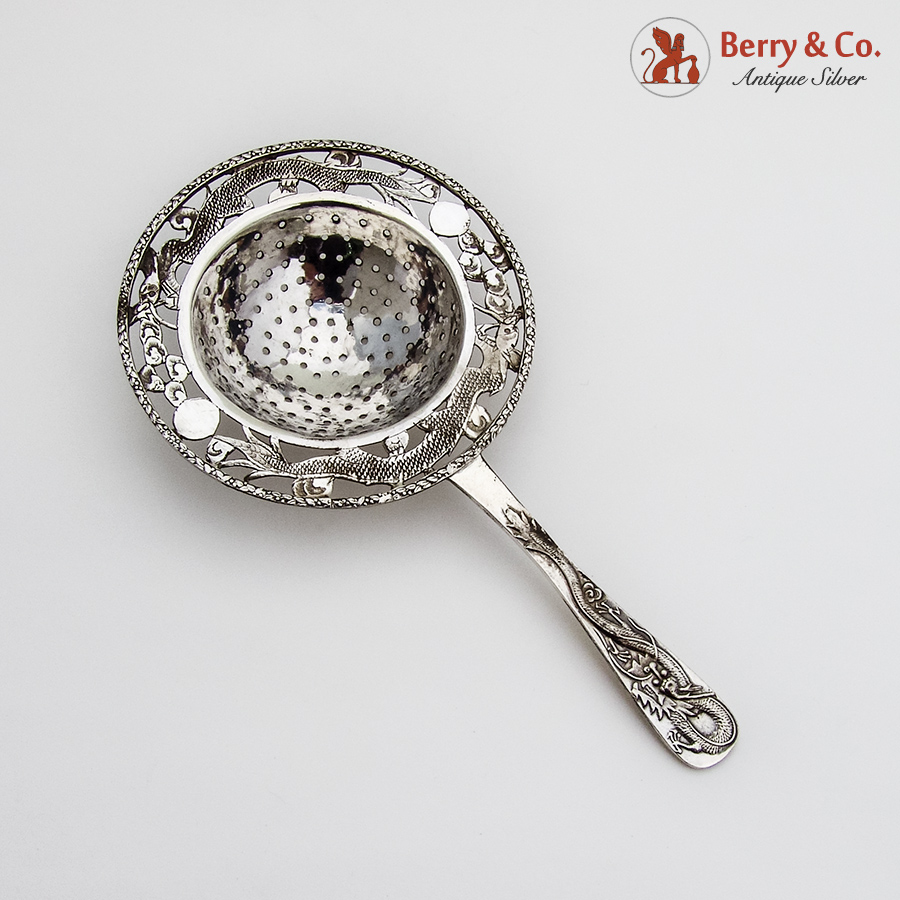 Chinese Export Cutwork Dragon Tea Strainer Sterling Silver 1930