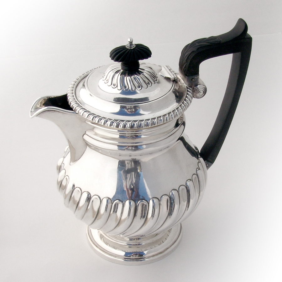 English Fluted Hot Water Jug Wooden Handle Sissons Sterling Silver 1902