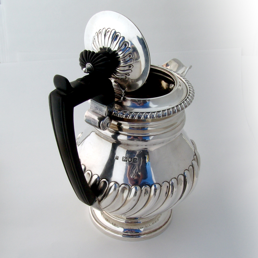 English Fluted Hot Water Jug Wooden Handle Sissons Sterling Silver 1902